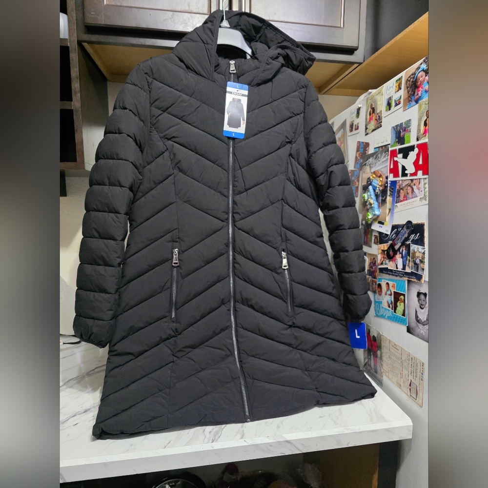 DKNY  Black Quilted Hooded  Women Size Large Coat